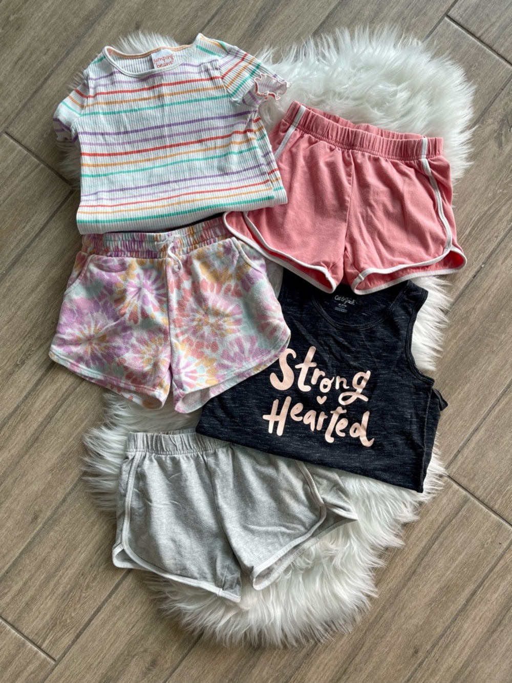 Girls Casual Shorts & Tops Bundle - Pastel Stripe, Tie-Dye, Pink, Gray Size 7